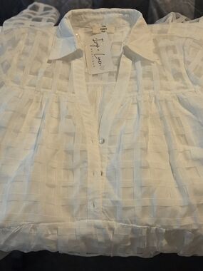 NWT Ivy+Linen Boutique White Sheer Check Button-Front Women's Top
